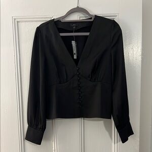 J. Crew Women's Black Button-Down Hook Buttons V Neck Top with Ruffled Shoulders